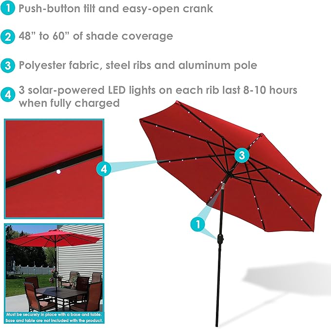 Sunnydaze 9 ft Outdoor Patio Umbrella with Solar Lights - Polyester LED Table Market Umbrella with Push-Button Tilt and Crank - Red