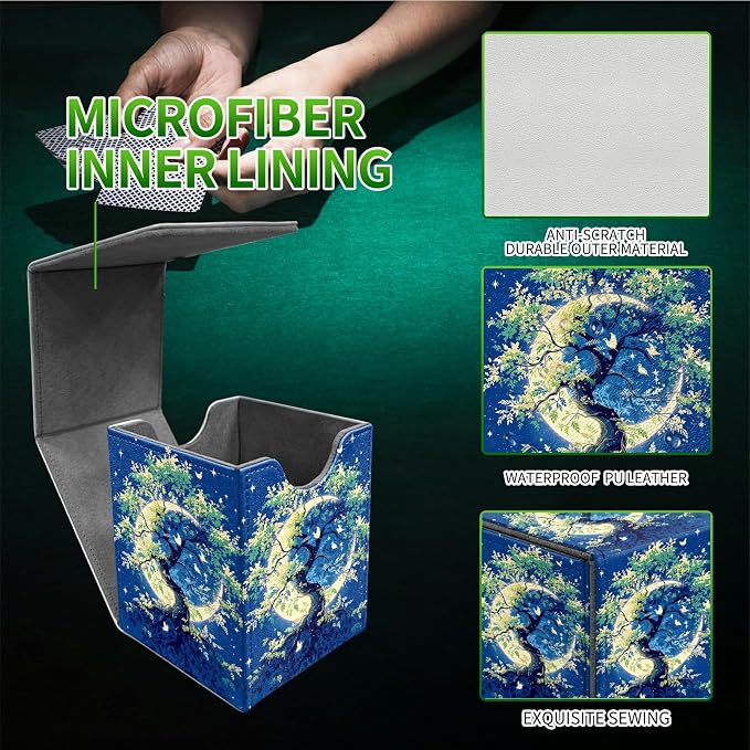 Moon Green Tree Card Deck Box for MTG, Personalized Card Storage Case Fits 120+ Sleeved Cards, Premium Leather TCG Box with Strong Magnetic Closure for Magic, CCG, PTCG, Baseball Cards