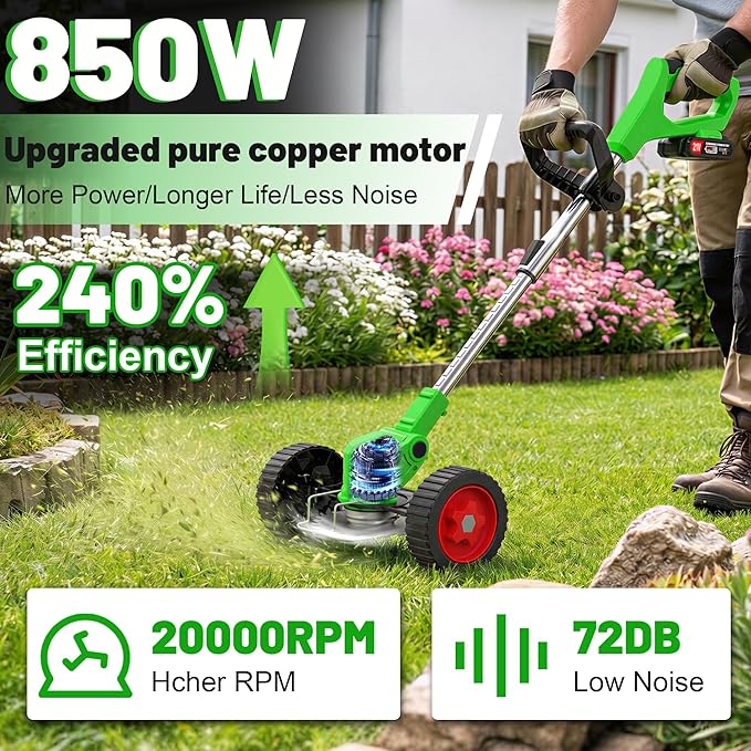 Electric Weed Wacker Battery Powered Weed Eater, 21V Cordless String Trimmer Battery Operated with Wheels & Metal Blades, Lightweight 4 in 1 Grass Trimmer/Brush Cutter/Lawn Edger/Mower for Garden Yard
