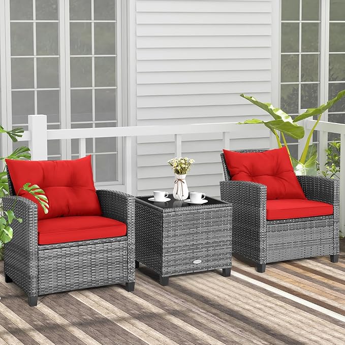 COSTWAY 3-Piece Patio Furniture Set, Outdoor Wicker Rattan Sofa with Cushions, Coffee Table with Tempered Glass, Conversation Sofa Set for Poolside Backyard Balcony (Red)