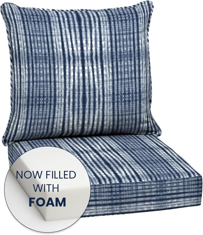 Arden Outdoor Foam Deep Seat Cushion Set, 2-Pack, 24x24, Premium High-Density Foam, Never Flattens, Weather-Proof for Patio Chair Sofa Couch, Blue Shibori Stripe | 2-Pack, Sofa, Couch, Conversation Set, Premium High-Density Foam, Never Flattens, Mold a...