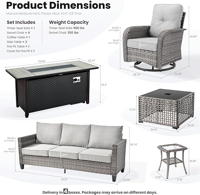ovios 9 Pieces Patio Furniture Set, Outdoor Wicker Sofa Couch with Rocking Swivel Chairs Fire Pit Table, Modern Deep Seat Rattan Conversation Sets for Deck Porch, Dark Grey