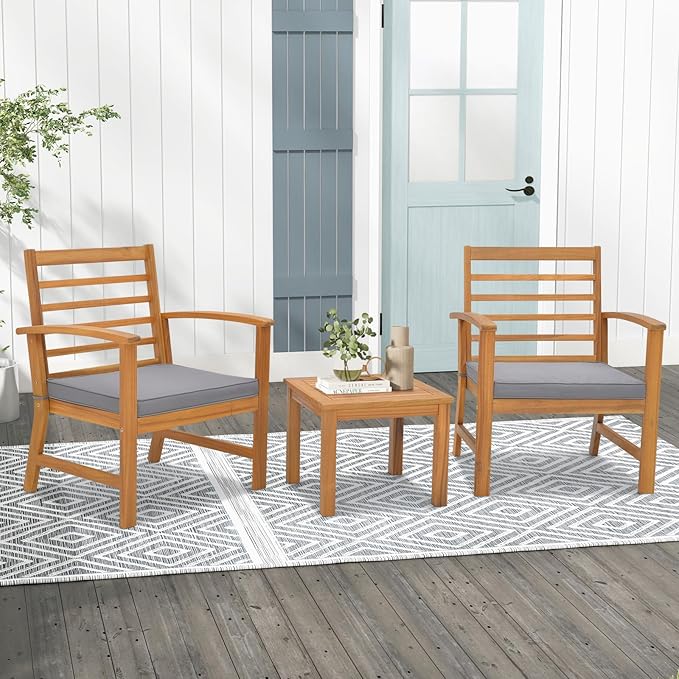 Tangkula 3 Pieces Outdoor Furniture Set, Acacia Wood Conversation Set with Soft Seat Cushions, Stable Acacia Wood Frame, Patio Sofa & Coffee Table Set for Backyard, Porch, Poolside (Grey)