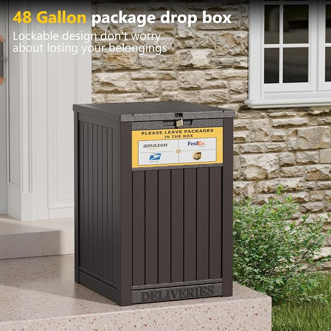 LHBGO Package Delivery Box for Outside, with Delivery Sign 48 Gallon Storage with Lockable Secure, Large Resin Outdoor Package Drop Container