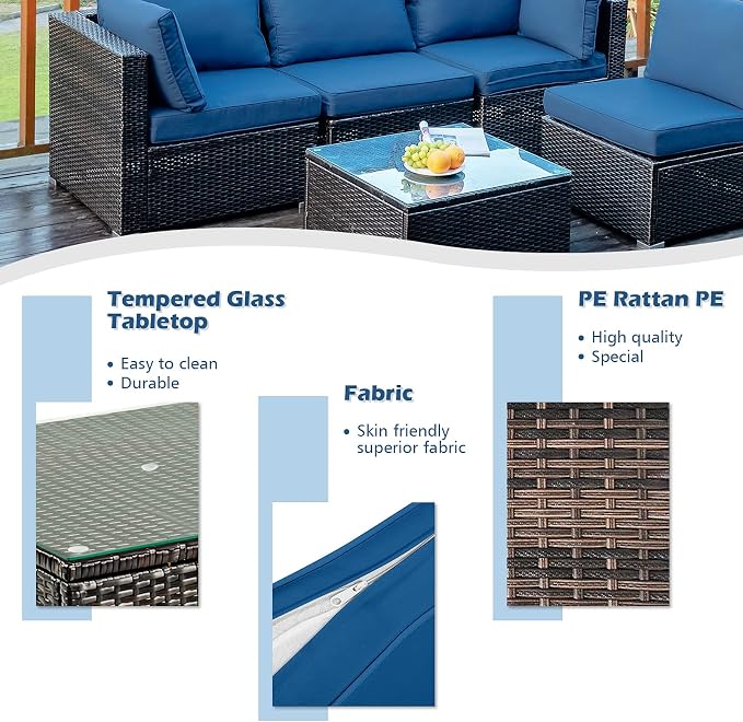 DORTALA 5 Pieces Patio Furniture Set, Outdoor Rattan L-Shaped Corner Sofa Set with Cushions, Coffee Table, Patio Sectional Conversation Set for Backyard Porch Garden Poolside, Navy
