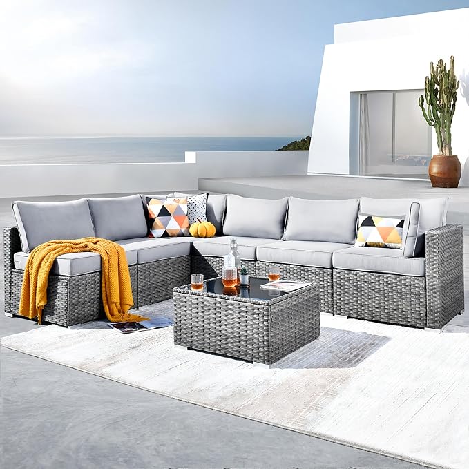 ovios Outdoor 7 Piece Coversation Set with Coffee Table,Sectional Patio Furniture Set with All-Weather Wicker Sofa,Modern Outside Couch for Balcony Backyard Pool, Grey
