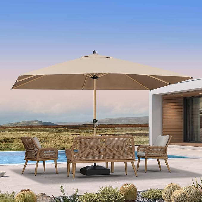 PURPLE LEAF 9' x 12' Patio Umbrella Outdoor Table Umbrella Rectangular Aluminum Market Umbrella with 8 Sturdy Ribs & Crank Outdoor Umbrellas for Garden Deck Patio, Taupe