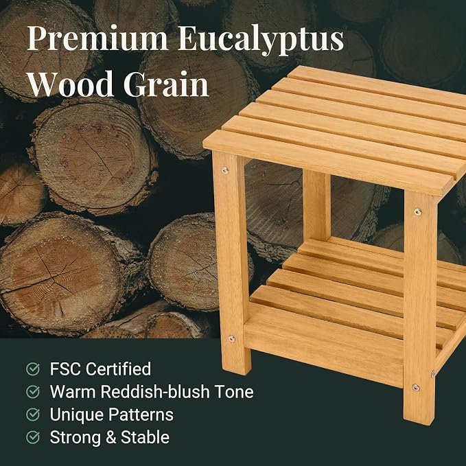 Premium 2-Tier Eucalyptus Wood Side Table with Slatted Storage Shelf, 13" x 16" x 17.5", Wooden Accent Table for Living Room, Entryway or Bedside (Golden)