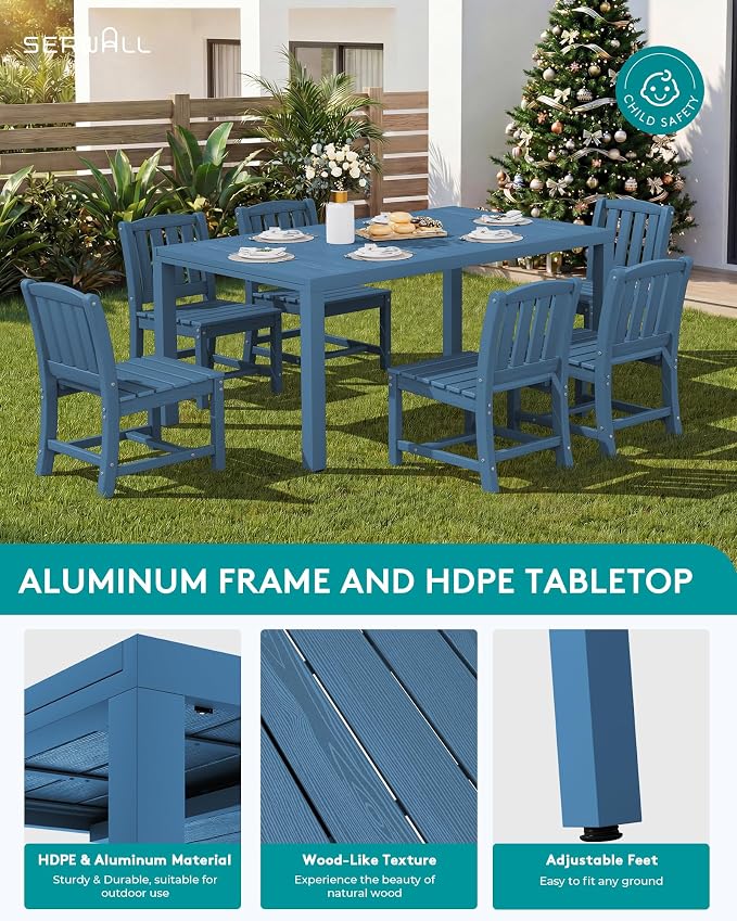 SERWALL 10-Piece Patio Dining Sets with 15FT Patio Umbrella, Blue | 60" - 83" Expandable Outdoor Dining Table and 8 HDPE Chairs, All Weather HDPE Outdoor Furniture Set