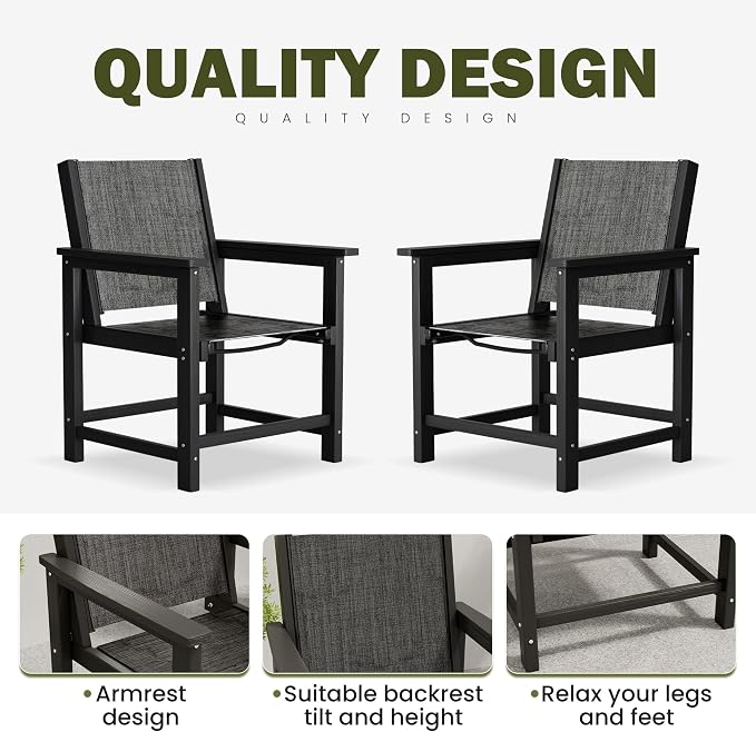 HDPE Outdoor Dining Set for 4, All-Weather Patio Furniture Table and Chair Sets with Umbrella Hole Outdoor Dining Table Sets of 4 Textilene Fabric Patio Chairs for Backyard, Poolside, Garden,Deck