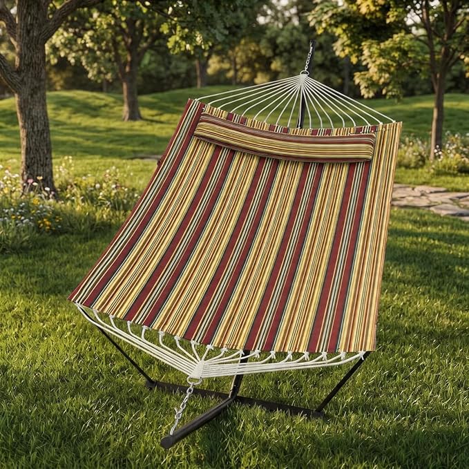 IDEALHOUSE Double Hammock with Stand, 2 Person Outdoor Hammock, 450 Lb Capacity, Pillow Included, 12 ft Stand for Patio, Backyard, Poolside, Red and Yellow Stripes