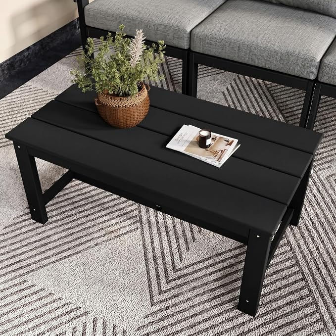 HDPE Outdoor Patio Furniture Set, 7-Piece Patio Conversation Sets with Coffee Table & Side Table & Grey Washable Thick Cushions, Outdoor Sofa for Balcony, Porch(Black Frame)