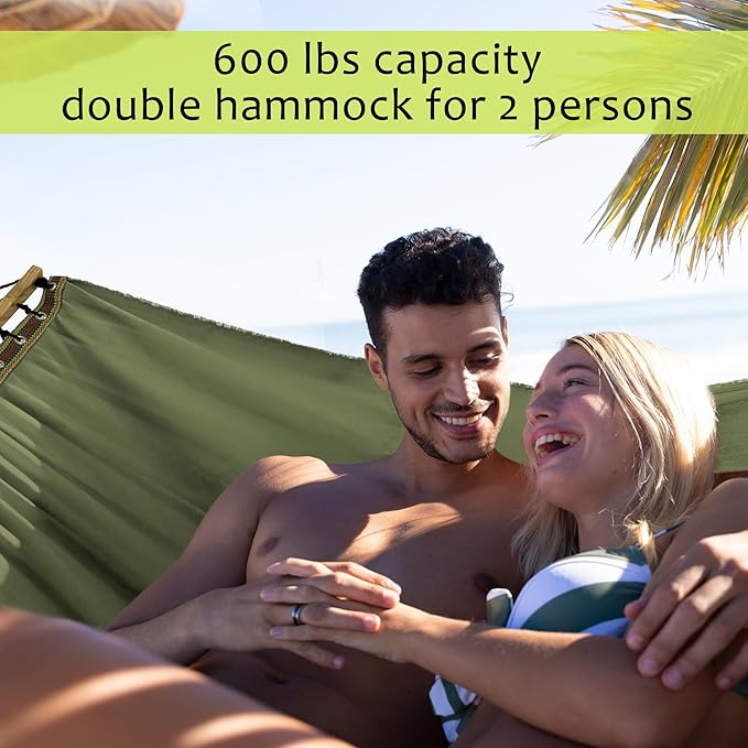 Tranquillo Double Hammock 2 Persons Cotton Canvas 600 lbs Portable Camping Hammock with Solid Curved Wood Spreader Bar Hammock for Camping Travel Indoor Patio Garden, Sage
