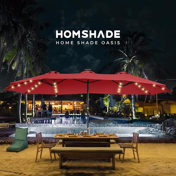 HOMSHADE Double Sided Patio Umbrellas - 15ft Solar Lights LED Lighted Outdoor Extra Large Market Table Umbrella with Base Included, Oversized Umbrella for Deck, Pool, Backyard