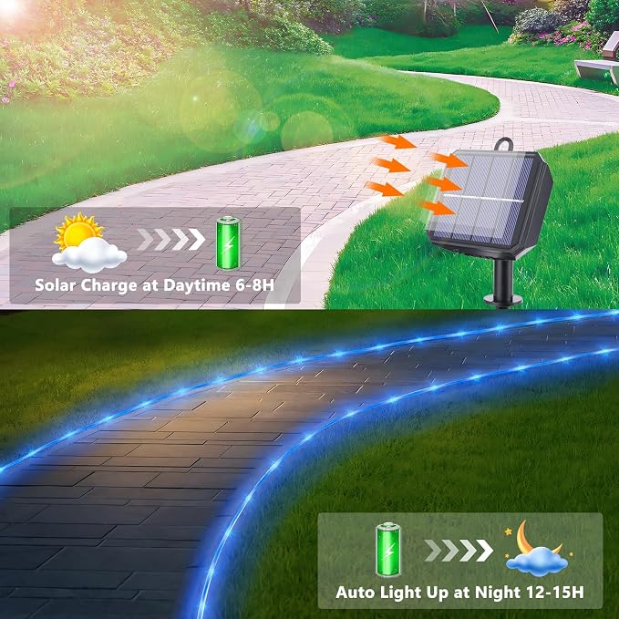 Jnaurb Solar Rope Lights, 33ft 100LED Solar String Lights, 8 Modes Waterproof Solar Outdoor Light, Flexible Clear Trampoline Light for Garden Backyard Patio Deck Porch, Pool Tree Decoration - Blue