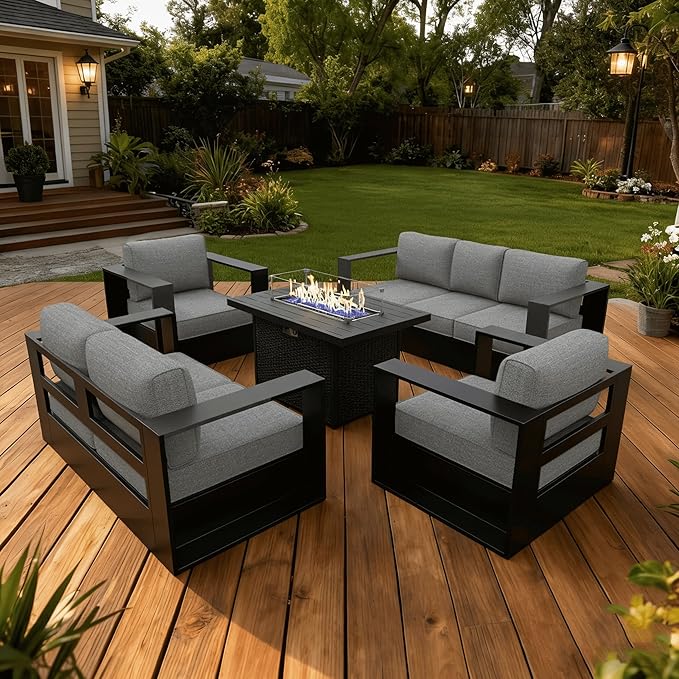 LayinSun Oversized Aluminum Outdoor Furniture Set, 5 Piece Patio Sofa Sets with Fire Pit Table, Deep Seating and Upgraded 6-inch Cushions for Porch, Balcony, Deck