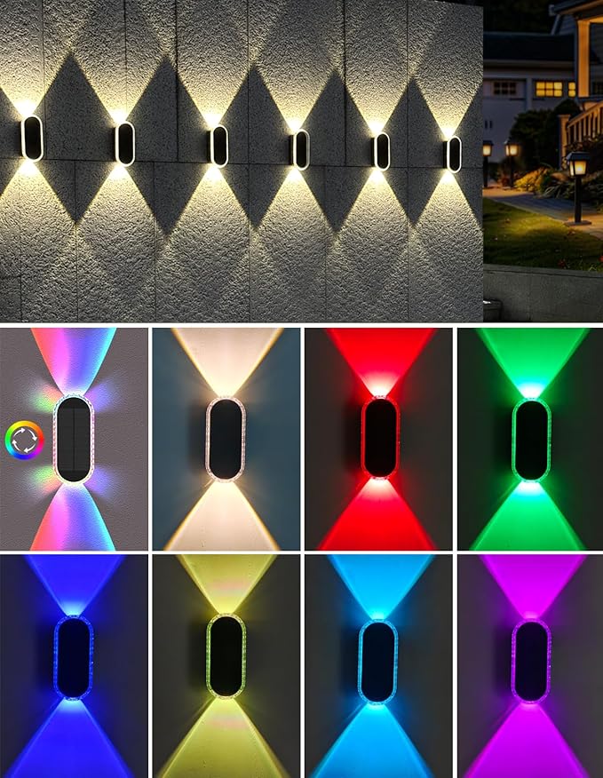 Solar Fence Lights Outdoor, Warm White & RGB 8 Modes Solar Wall Lights Outdoor Waterproof, Up&Down Dual-Head Outdoor Solar Lights for Yard House Fence Backyard Deck Garden Patio Porch, 4 PK