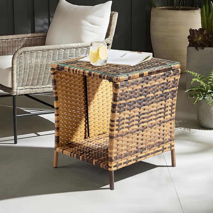 Outdoor Wicker Side Table, 18.1" Square End Table with Tempered Glass Top & Storage Shelf, Resin Wicker Coffee Table for Patio, Porch, Backyard, Balcony,Yellow