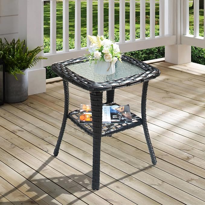 ovios Outdoor Side Table with Tempered Glass Top, Patio Wicker Rattan 2-Tier Storage Coffee End Tables for Porch Deck Balcony Garden Poolside (Brown-Small Size)