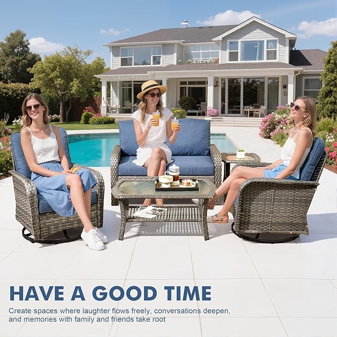 Weaxty Wicker Patio Furniture Set with Swivel Rocker Chairs Outdoor Loveseat Sofa and Rattan Coffee Table, 5 Pieces Outdoor Conversation Sets for Patio Porch Deck Backyard Poolside, Denim Blue