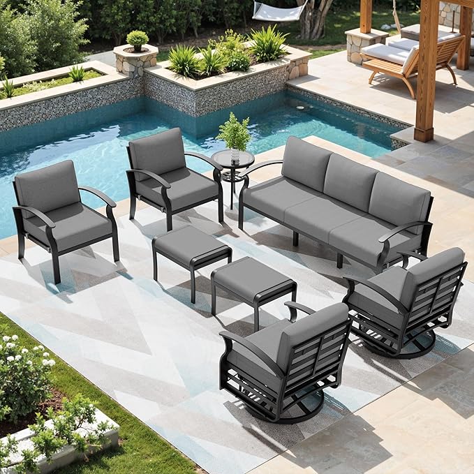 Patio Furniture Set 9-Seat Aluminum Armrest Sofa, Modern Outdoor Living Room Set with 2 Swivel Chairs, 5.1" Cushions, High Backrest & 2 Footstools, Backyard, Poolside - Grey