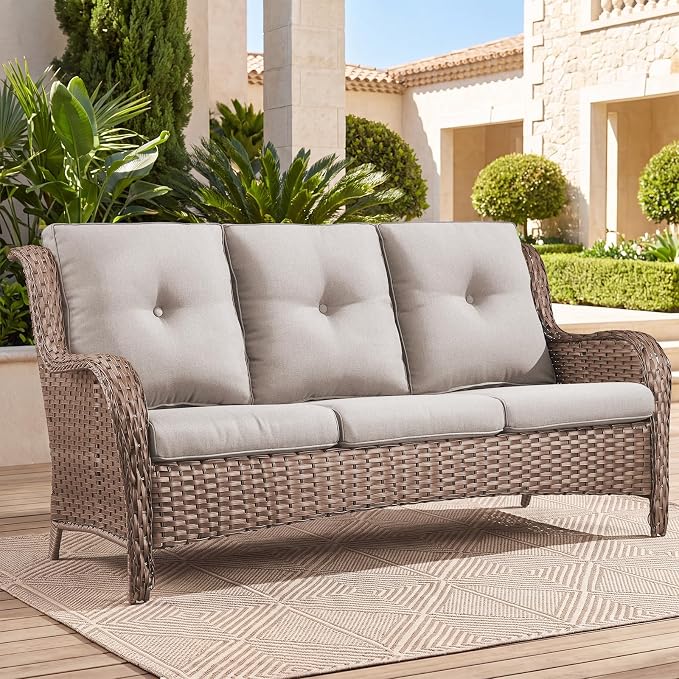 Belord Patio Sofa Luxury PE Wicker 3-Seater Outdoor Couch, Modern All-Weather High Back Deep Seat Woven Furniture Set for Porch, Deck, Balcony, Backyard - Yellow