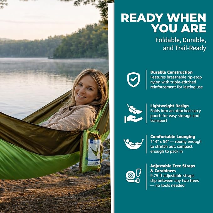 Bliss Hammocks Hammock in a Bag with Tree Straps and Carabiner Hooks, Nylon Hammock for Camping and Outdoor Use, 350 Lb Capacity, Forest Green