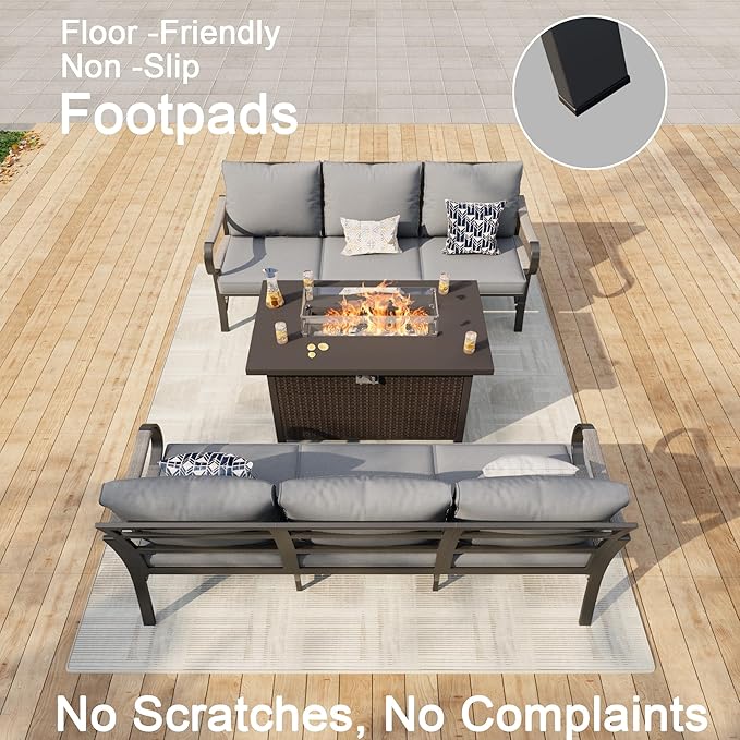 3 Pieces Patio Furniture Set, Metal Outdoor Conversation Sets with Fire Pit Table for Backyard Garden Deck Porch Poolside (Thick Gray Cushions)