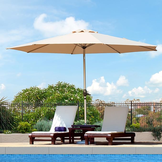 Domi 9FT Patio Umbrella, Outdoor Table Umbrella with Aluminum Pole, UV Protection Waterproof Market Sun Umbrella with Push Button Tilt and Crank for Garden, Deck, Backyard, Pool (Beige)