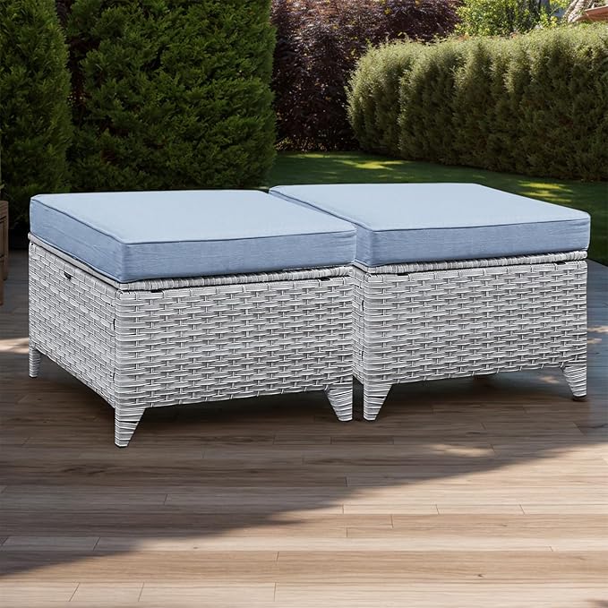 Rilyson Outdoor Ottoman Wicker Patio Ottomans - 2 Piece Footrest Footstools Set Rattan Outdoor Ottomans for Patio with Thick Cushions(Light Grey/Sky Blue)
