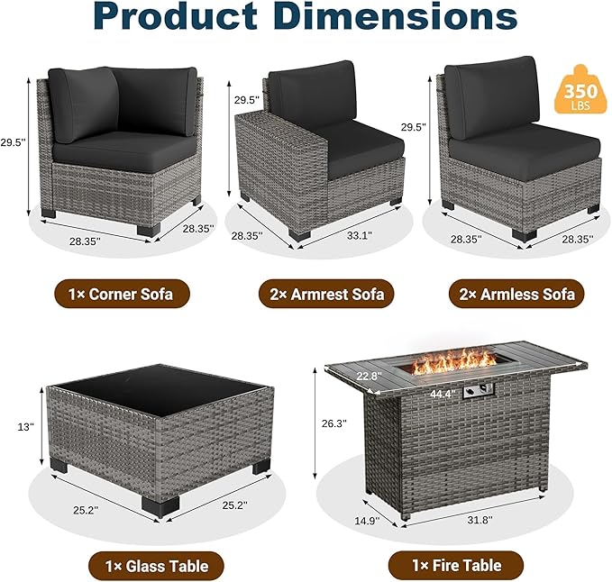 7 Piece Patio Furniture Set with Fire Pit Table, Outdoor Sectional Conversation Sets Wicker Rattan Sectional Sofa with Coffee Table for Patio Garden Backyard, 4'' Thickened Cushion Black