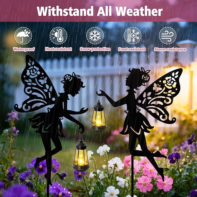 Solar Fairy Garden Statues Outdoor Decor, 2 Pack Metal Fairy Figurine Light Stake,Housewarming Ornament for Patio, Lawn, Yard, Pathway - Unique Gift Ideas for Gardening Mom Grandma Birthday