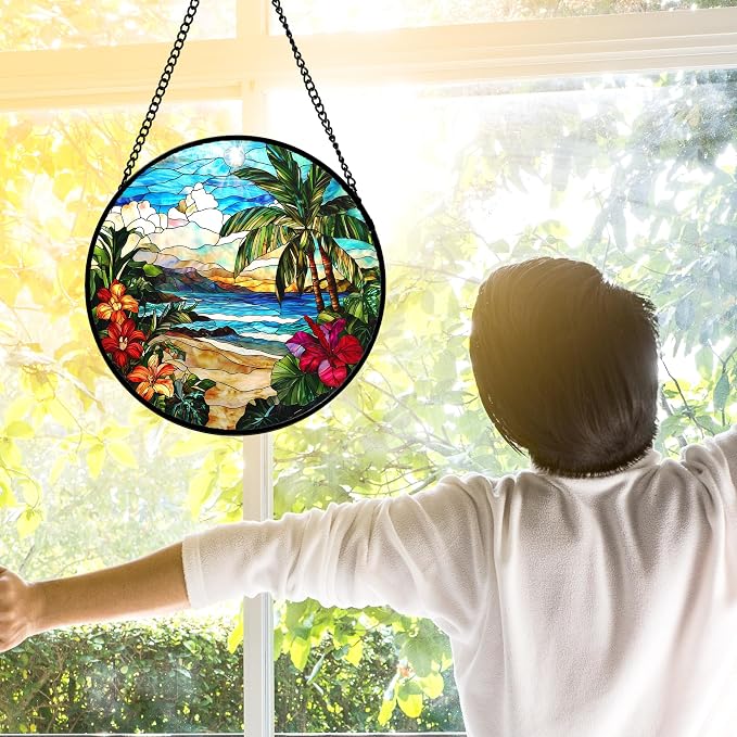 DASTOLL Stained Glass Window Hanging, Blue Beach Scenery Suncatcher Diamond Glass Panel Hangings Sun Catchers Decor for Birthday for Women, Men, Wife, Aunt, and Mom 9.8 in