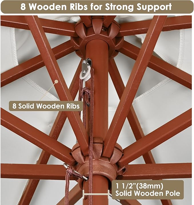 Yescom 9ft Coastal Solid Wood Umbrella Pulley Lift Commercial Base with Wheel Included for Seaside Restaurant Terrace Poolside Beach Club