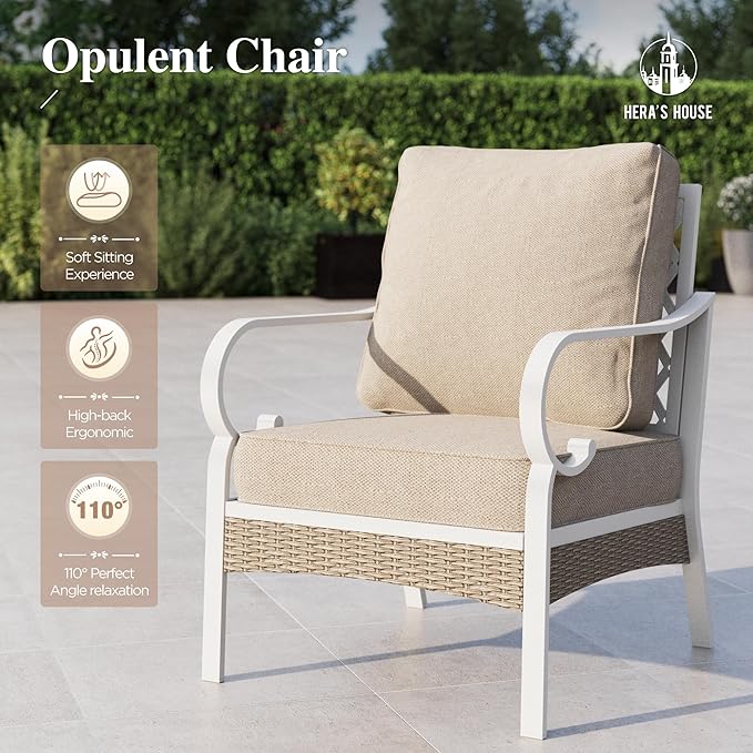 HERA'S HOUSE 6 Pieces Metal Patio Furniture Set, All Weather Outdoor Conversation Sets with 3-Seat Sofa, 4 Fixed Chairs & Coffee Table, 7 Seats for Backyard, Garden, Deck, White/Beige