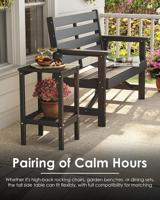 GREENVINES Tall-Outdoor-Side-Table Set of 2 | 23.5" | HDPE Plastic | Patio Adirondack End Tables | All Weather | 2-Tier | Grey | for Porch Garden Indoor & Rocking Chairs