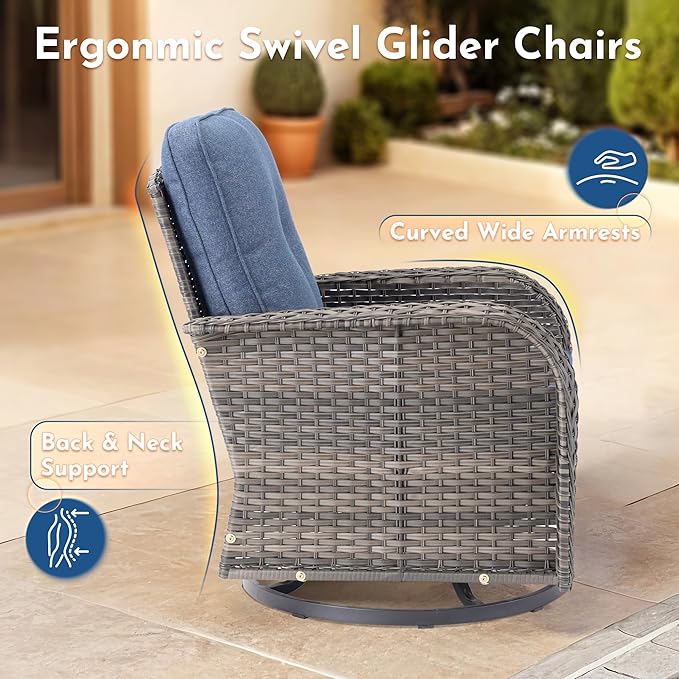 Weaxty Outdoor Swivel Rocker Patio Chairs, 3 Pieces Patio Furniture Set with Rocking Chair and Wicker Side Table, Outdoor Furniture Conversation Set for Porch, Deck, Yard, Balcony, Denim Blue