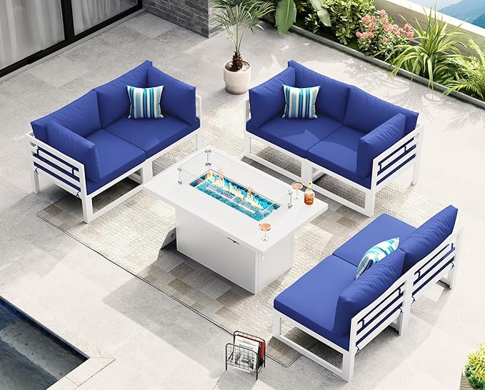NICESOUL 7 Piece L-Shaped Contemporary Aluminum Outdoor Furniture Set with Firepit, 29" Deep Wide Large Couch Set, 500 lbs High Weight Capacity Modular Patio Sectional Sofa for Garden Lawn, Navy Blue