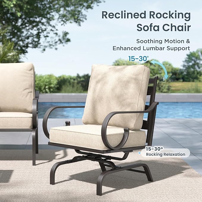 PHI VILLA Patio Furniture Set, 3-Seater Sofa, 2 Rocking Chairs and a 45" Fire Pit Table, Outdoor Metal Conversation Set with 5.75" Extra Thick Cushion for Garden Backyard Deck, Beige