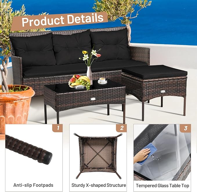 RELAX4LIFE 3 Pieces Patio Furniture Set, Rattan Wicker Sectional Conversation Sofa Set w/5 Seat & Back Cushions, Tempered Glass Coffee Table for Porch Balcony Backyard, Outdoor Furniture (Black)