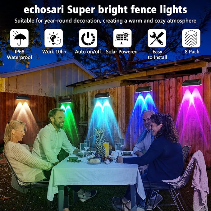 echosari 8 Pack Solar Fence Lights Outdoor Waterproof Color Changing 100 Lumen Ultra Bright Auto ON/Off for Backyard Patio Railing Porch Step (3000K-6500K & RGB)