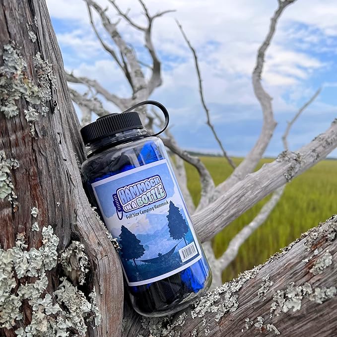 Hammock in a Bottle by Castaway Living, Blue/Black Double Camping Hammock with 2 Tree Straps, 32 oz. Bottle, Triple Stitched Durable Nylon Material, Compact Design for Travel, Backyard, 400 Lbs.