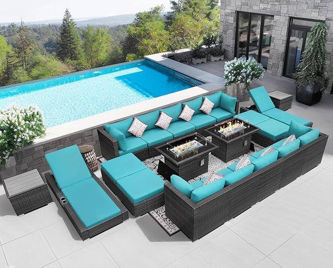 NICESOUL 20 Piece Extra Large Patio Furniture Set w/Fire Pit Table & Chaise Lounge, Modern Luxury Outdoor Group Seating w/Firepit, Comfortable 29.3" High-Back Sectional Couch Deep Seat, Gray & Teal