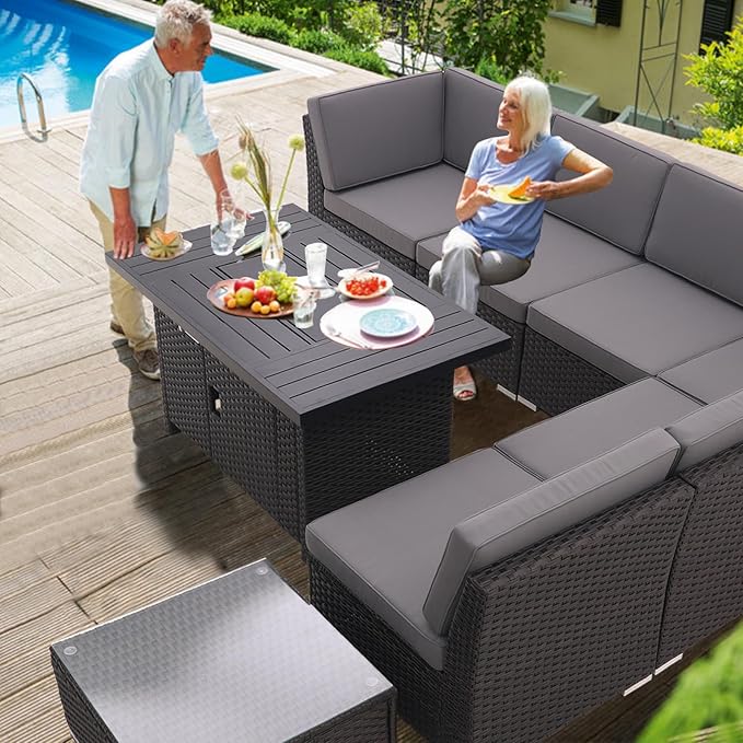 Patio Sofa Set with 46 Inch Firepit Table Coffee Table Outdoor Sectional Patio Conversation Set Patio Furniture All Weather/Thick Cushion/ 8 PCS Rattan Outdoor Sofa