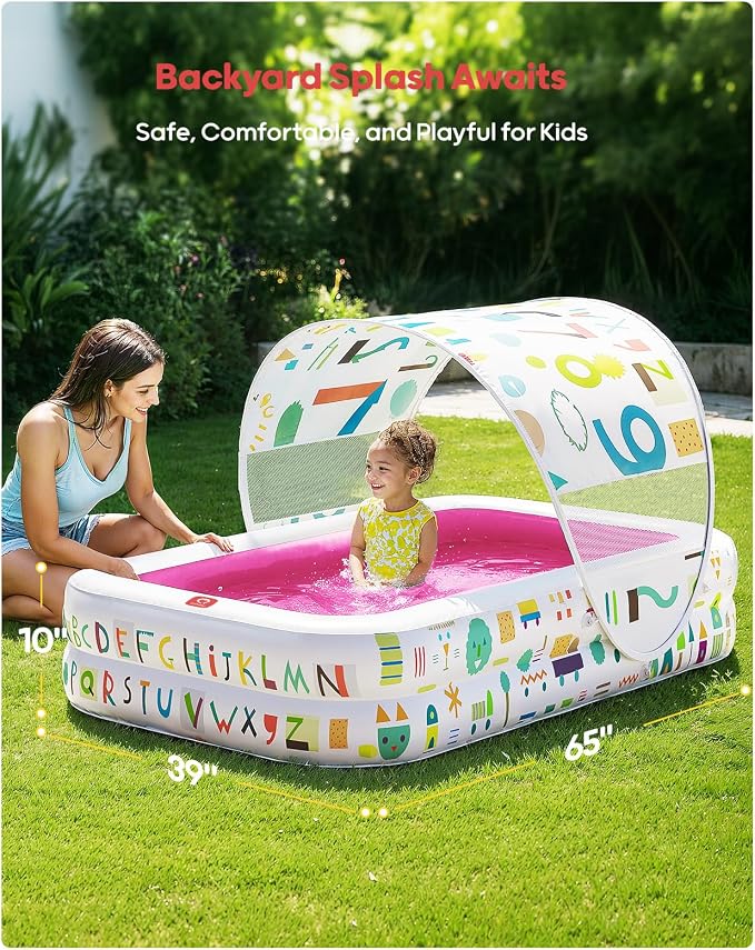 QPAU Kiddie Pool – 65" x 39" Inflatable Pool for Kids & Toddlers, Ball Pit & Baby Pool with Soft Cushioned Floor, Canopy for Sun Protection, Durable Outdoor Play Toys for Backyard & Indoor (Pink)