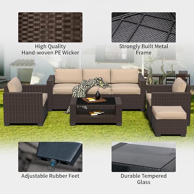 7 Pieces Patio Furniture Set Wicker Outdoor Furniture All-Weather Outdoor Sofa with Thick Cushions & Coffee Table Patio Conversation Set for Lawn, Patio, Balcony, Deck, Poolside, Brown&Beige