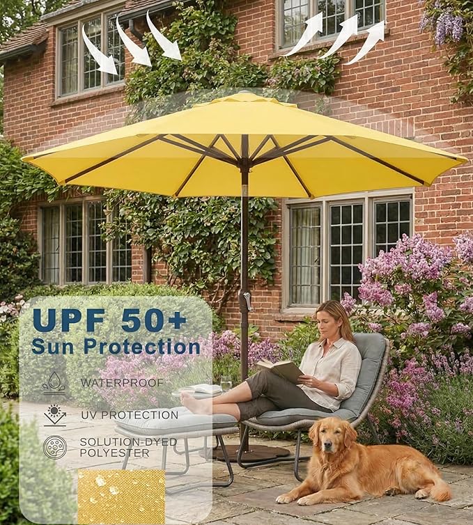 PatioKingdom 9FT Patio Outdoor Umbrella-UPF 50+ Sun Shade with Wind Vent, Push-Button Tilt & Smooth Crank Lift, Rust-Resistant Fiberglass Frame for Garden, Backyard,Yard (Yellow)