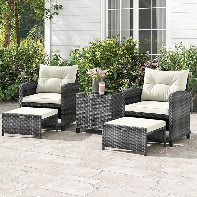 ORALNER 5 Pieces Patio Furniture Set with Ottoman, Wicker Conversation Set w/Cushions, Glass Coffee Table, Outdoor Lounger Rattan Chairs Bistro Set for Porch Balcony Garden Deck Poolside (White)