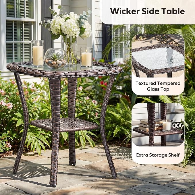 Rilyson Outdoor Wicker Patio Furniture Set - 5 Piece Patio Conversation Sets with Swivel Rocker Chairs, Ottomans and Side Table, 6 inch Cushions, Waterproof Wicker, for Porch Deck Brown/Blue
