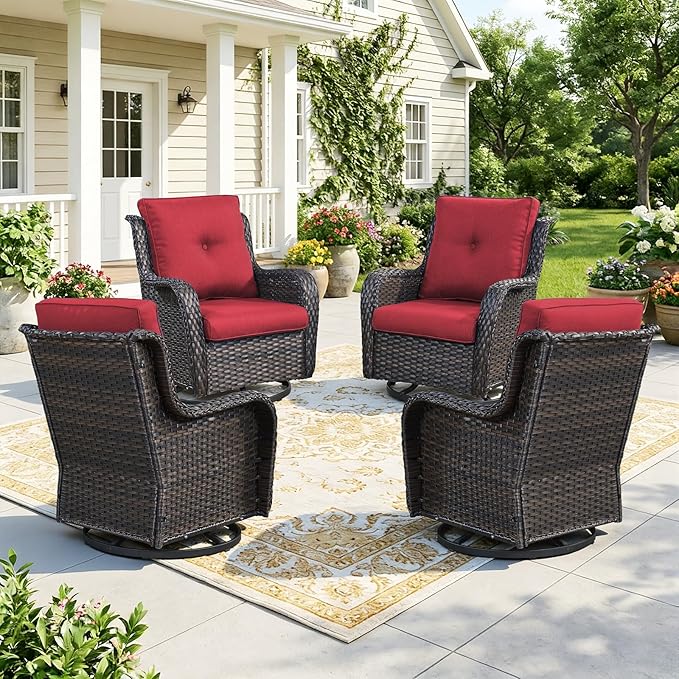 Wicker Patio Furniture Set- 4 Pieces Swivel Patio Chairs,PE Rattan Outdoor Rocking Chairs Porch Furniture for Garden Deck Brown Wicker